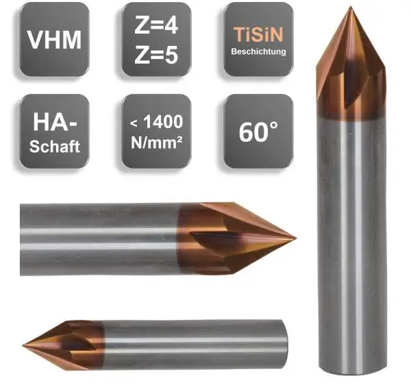 8,0 x 63 - d2=8 mm ✓ VHM Entgrater, Fasenfräser 60°, Z=4, Beschichtet, HA-Schaft