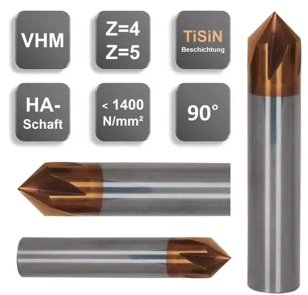 10,0 x 63 - d2=10 mm ✓ VHM Entgrater, Fasenfräser 90°, Z=4, Beschichtet, HA-Schaft