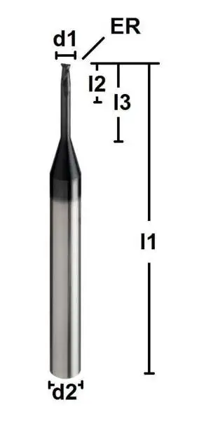 0,2R0,02 x 1 x 40 - d2=4 mm ✓ VHM-HSC-Minikopierfräser, HRC-Fräser (Formenbau), Torusfräser mit ER, Z=2, Spezialbeschichtet bis 65 HRC