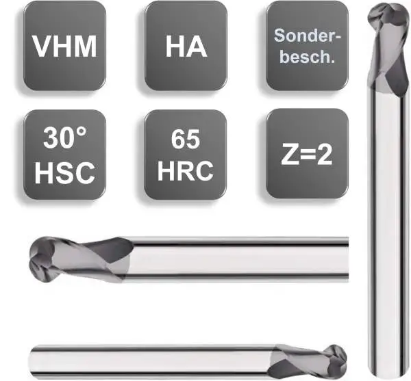 5,0R2,5 x 10 x 75 - d2=5 mm ✓ VHM-Formenbau-Vollradiusfräser 30°, Z=2, Beschichtung, HSC-Fräser bis 65 HRC