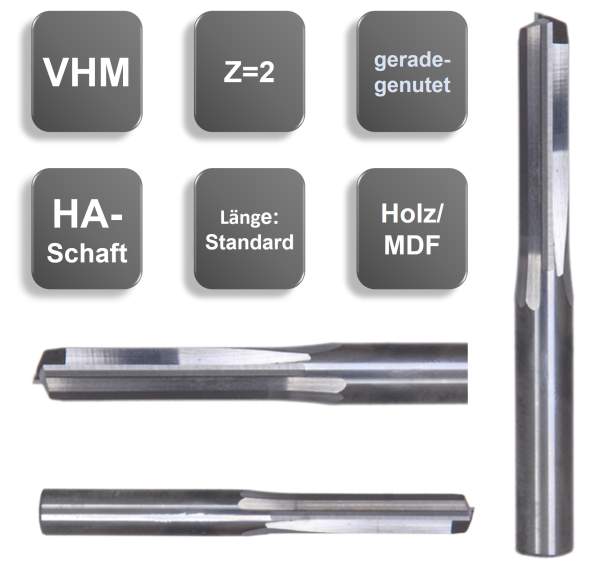 6,0 x 42 x 70 - d2=6 mm ✓ VHM Schaftfräser XL, Holzfräser Z=2, geradegenutet für Holz, MDF, lang