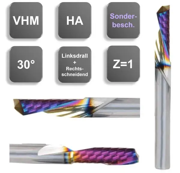 8,0 x 22 x 65, d2=8 mm ✓ VHM-Alu-Einzahnfräser 30°, linksdrall/ rechtsschneidend, RainBow-Schicht, poliert