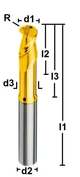 1R0.5 x 2 x 15 x 60 - d2=6 mm ✓ VHM-Alu-Vollradiusfräser 40°, Z=2, Zirkoniumschicht