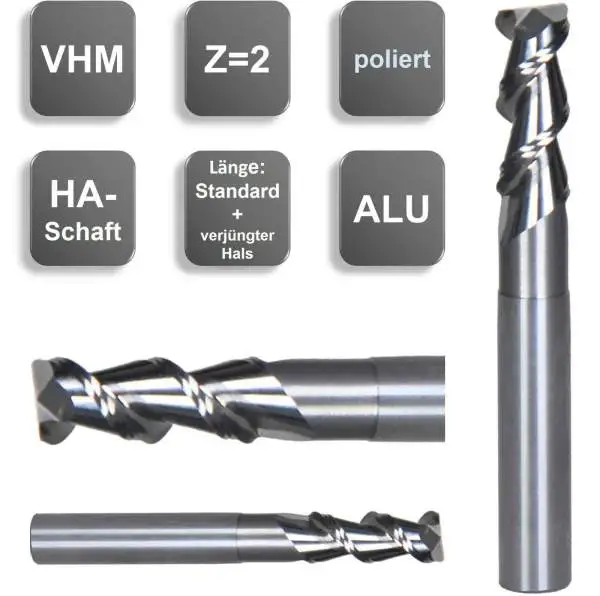 12,0 x 26 x 36 x 80 - d2=12 mm ✓ VHM Alufräser, Z=2, Fräser mit polierter Spannut, 55°, abgesetzt