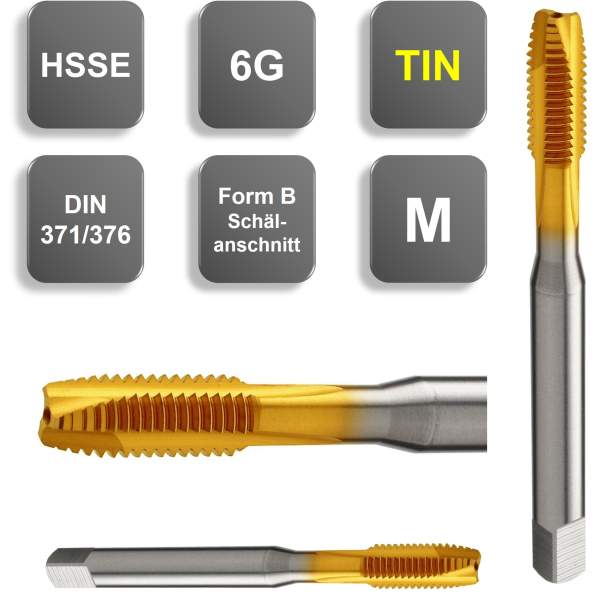 M8 ✓ HSSE Gewindebohrer, Durchgangsloch, DIN371, TIN, 6G, Form B mit Schälanschnitt, Maschinengewindebohrer bis 800 N/mm²