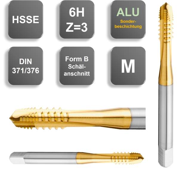 M5 ✓ HSSE Alu-Gewindebohrer, Durchgangsloch, Z=3, 6H, Schälanschnitt, mit ausgesetzten Zähnen