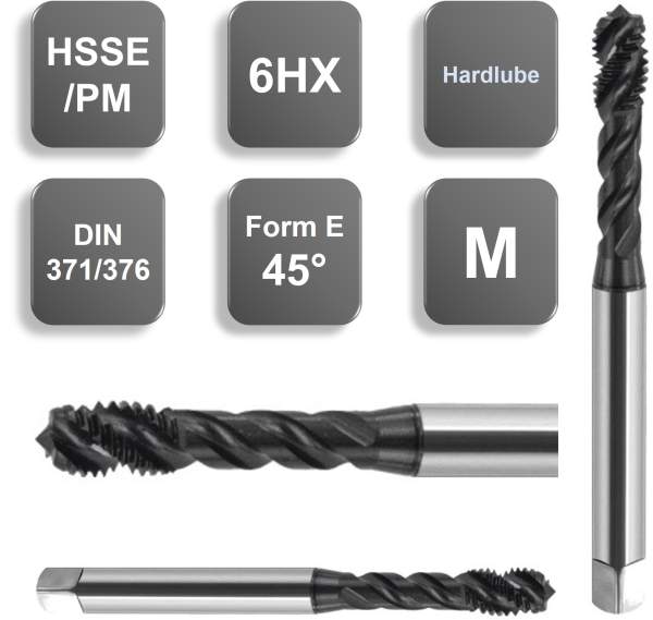 M12 ✓ HSSE/PM Gewindebohrer 45°, Sackloch, DIN 376, Hardlube, 6HX, Form E