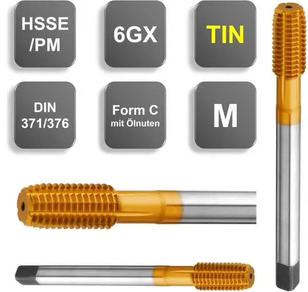 M5 HSSE/PM-Gewindeformer, DIN 371, TIN, 6GX, Form C, mit Ölnuten, 2,5xd