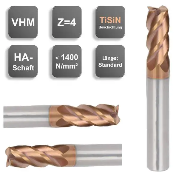 4,0 x 10 x 50 - d2=4 mm ✓ VHM Fräser, Universal-Schaftfräser 30°, Z=4 mit TiSiN Beschichtung für Werkstoffe bis ca. 52 HRC