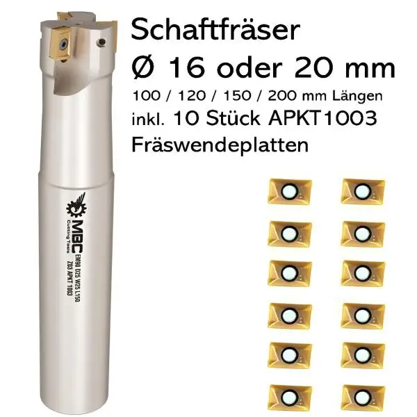 Ø 16 / 20 mm Schaftfräser, WP-Fräser inkl. 10 x APKT1003 Z=2 Länge 100/120/150mm