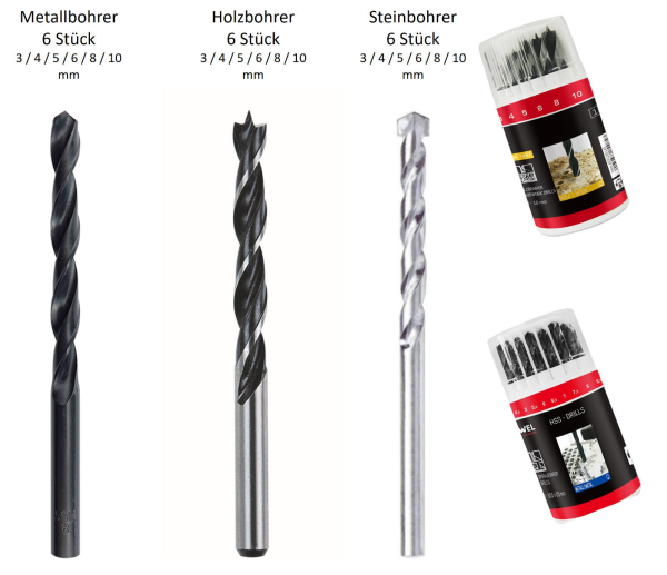 18 teilig HSS Bohrer Satz Metallbohrer Steinbohrer Holzbohrer Rundbox Kombi Set