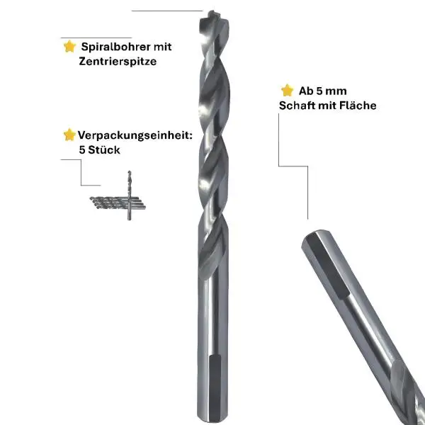 5x HSS-G Spiralbohrer High Performance für Metallbearbeitung  selbstzentrierende Bohrer mit optimaler Spanabfuhr und langer Lebensdauer.