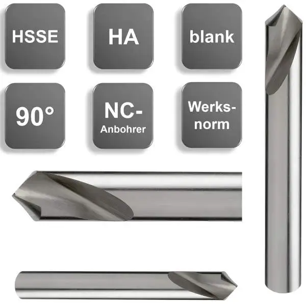 Präzisions-Anbohrer aus HSSE von GEFRABO, blank geschliffen und in Größen von 3 bis 20 mm erhältlich, ideal für CNC-Anwendungen.