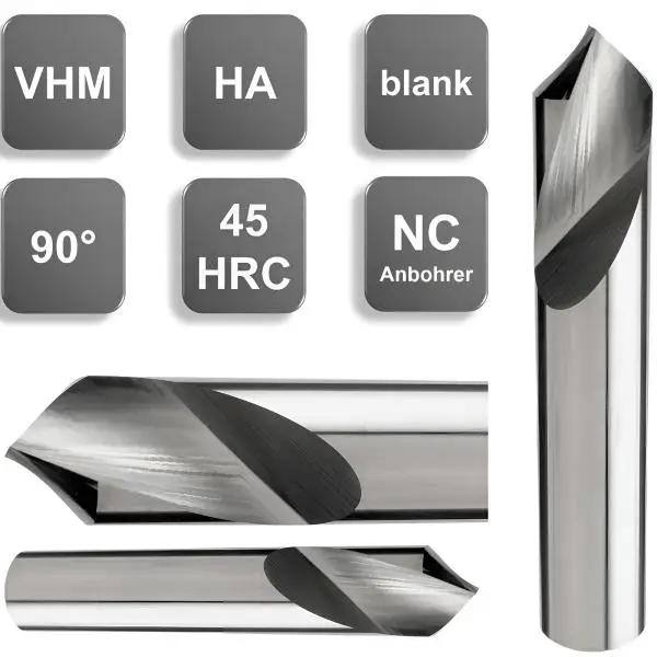 VHM NC-Anbohrer 90° blank für präzise Zentrierbohrungen und optimale Vorbereitung von Bohr- und Gewindearbeiten