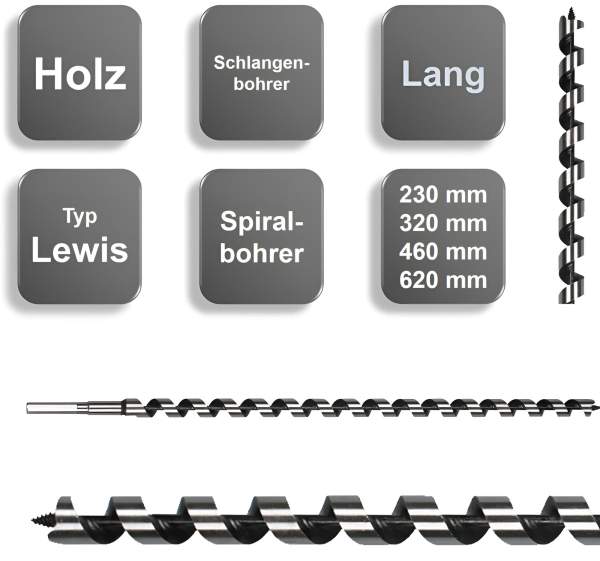 16,0 x 620 mm ✓ Schlangenbohrer, Holzbohrer, Holzspiralbohrer, Bohrer Typ Lewis