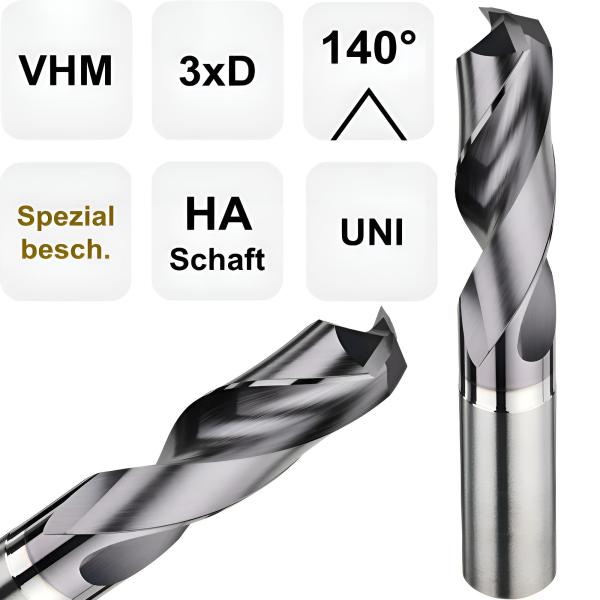 VHM Universalbohrer 3xD mit 140° Spitzenwinkel für Stahl und Metall
