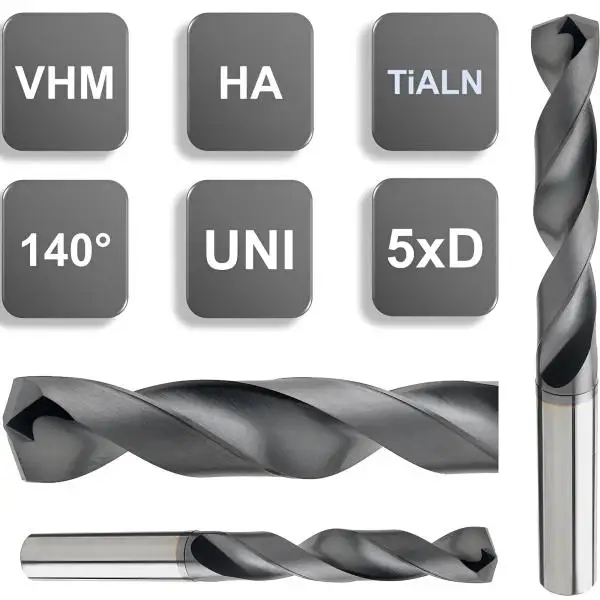 Hochleistungs VHM-Bohrer 5xD beschichtet - Spiralbohrer, Universalbohrer 140°