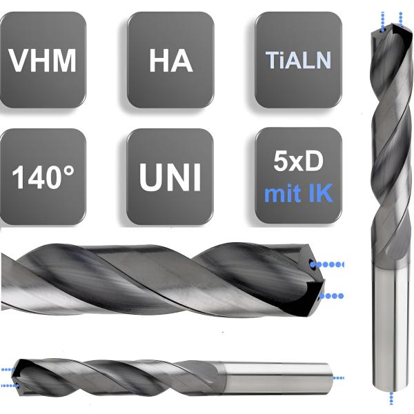 VHM Spiralbohrer 5xD Hochleistungsbohrer mit IK für CNC Maschinen von GEFRABO
