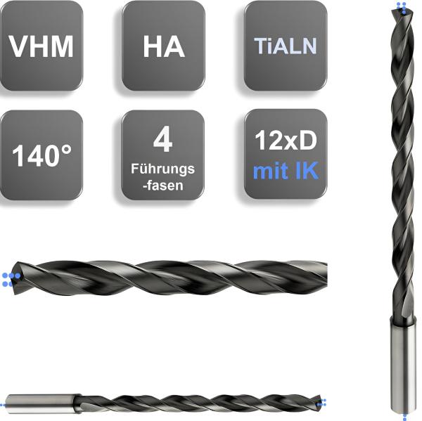 GEFRABO Kühlkanalbohrer VHM mit IK 12xD, Spiralbohrer mit zwei Führungsfasen
