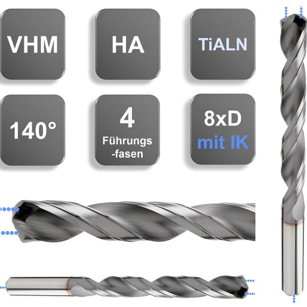 VHM-Kühlkanalbohrer mit Beschichtung, 8xD Spiralbohrer mit zwei Führungsfasen und 135° Spitzenwinkel
