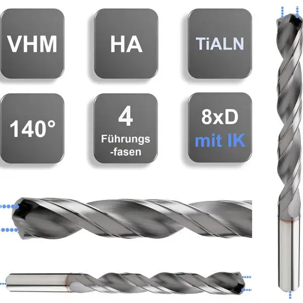 16.0 x 122 x 203, d2=16 mm ✓ VHM-Spiralbohrer mit IK, 8xD Hochleistungsbohrer beschichtet, Kühlkanalbohrer mit 2 Führungsfasen, Universalbohrer 135°