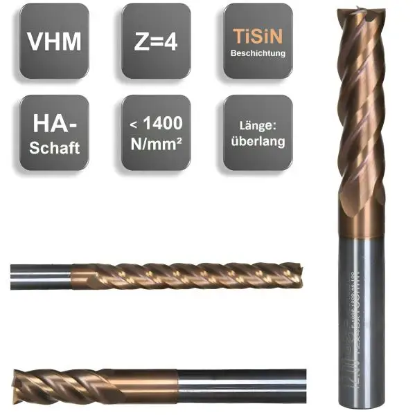 12 x 30 x 100 - d2=12 mm ✓ VHM Schaftfräser, Fräser überlang, Z=4, TiSiN beschichtet, extralang