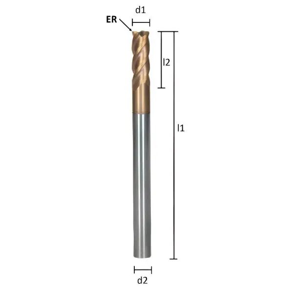12ER0,5 x 27 x 150 - d2=12 mm ✓ VHM Fräser ER extralang, überlang Z=4, TiSiN Beschichtet HA-Schaft, Kopierfräser mit Eckenradius, Torusfräser