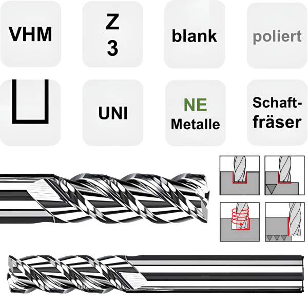 3 / 4 / 5 / 6 mm ✓ VHM Alu-Fräser-Satz, Z=3, Schaftfräser Set mit polierter Nut für NE-Metalle im Rundbox