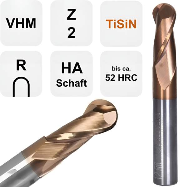 3R1,5 x 6 x 50 - d2=4 mm ✓ VHM Radiusfräser, Vollradiusfräser Z=2, TiSiN beschichtet