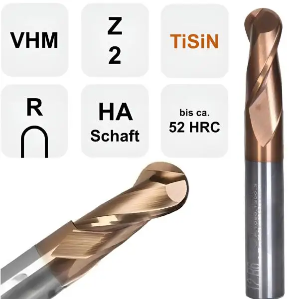 14R7 x 28 x 80 - d2=14 mm ✓ VHM Radiusfräser, Vollradiusfräser Z=2, TiSiN beschichtet