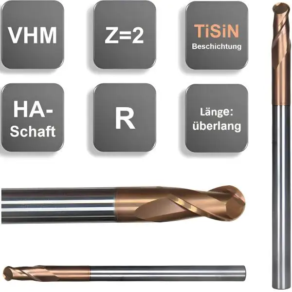 3R1,5 x 6 x 75 - d2=3 mm ✓ VHM Radiusfräser, Z=2, Vollradiusfräser TiSiN-Beschichtet HA-Schaft, extralang, überlang