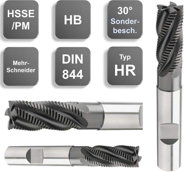 8,0 x 19 x 69, d2=10 mm ✓ HSSE/PM-Schruppfräser 30°, Fräser zum Schruppen Typ HR DIN 844, Z=4, beschichtet, HB Schaft