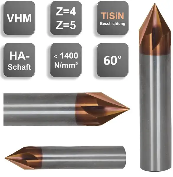 Top Preis/Leistung VHM Entgrater, Fasenfräser 60° Fase, Spezialbeschichtet, HA-Zylinderschaft Premium Werkzeug aus Vollhartmetall
