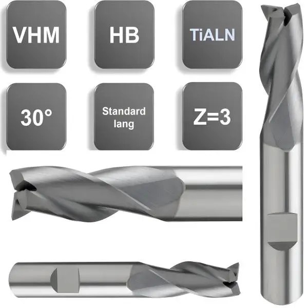 Schnittwerte und Einsatzrichtwerte für VHM-Schaftfräser Fräser 30° Spirale, Z=3, Dreizahnfräser mit Spezialbeschichtung GEFRABO