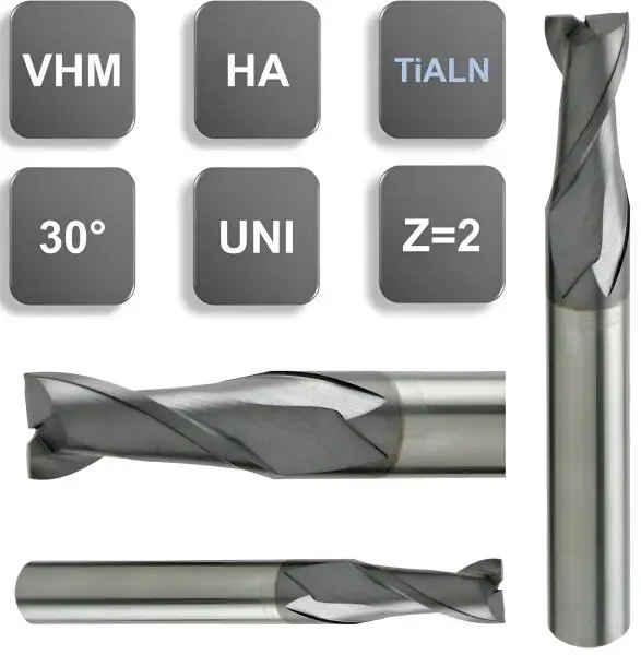2,0 x 6 x 50 - d2=6 mm ✓ VHM Fräser Z=2 HA beschichtet, Universalfräser, Spiralnutfräser