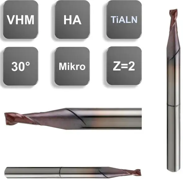 0,2 x 0,5 x 38 - d2=3 mm ✓ VHM-Mikrofräser 30°, Z=2, Spezialbeschichteter Mini-Schaftfräser
