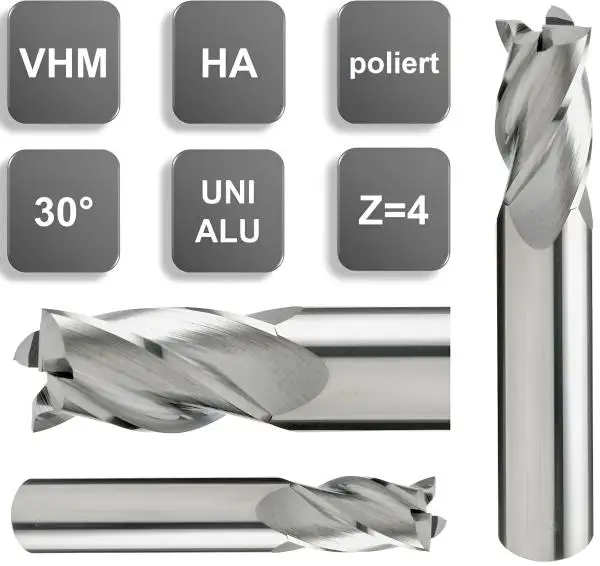 4,0 x 40 x 75 - d2=4 mm ✓ VHM-Schaftfräser 30°, Z=4, poliert, Universalfräser, überlang/extralang
