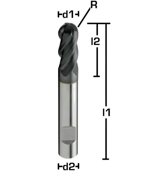 4R2 x 10 x 57 - d2=6 mm ✓ VHM-HPC Radius-Fräser 35/38°, Vollradiusfräser, Kugelfräser bis 1400 N/mm²