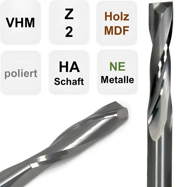 8,0 x 28 x 63 - d2=8 mm ✓ VHM Fräser für Holz, Spiralnutfräser, MDF, Acryl, Z=2, poliert