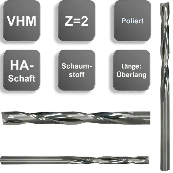 5,0 x 55 x 110 - d2=5 mm ✓ VHM Fräser, Z=2, Schaumstofffräser extralang, überlang, poliert, für Schaumstoff