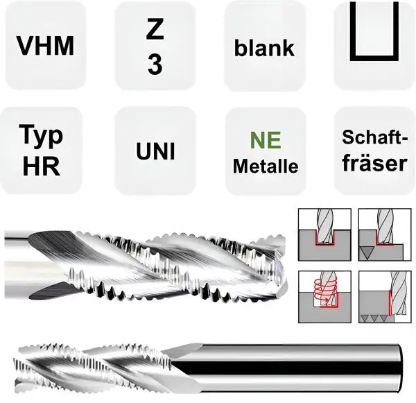 12,0 x 36 x 75 - d2=12 mm ✓ VHM Schruppfräser, Z=3 Fräser für NE-Metalle wie Alu, Kupfer, Holz, MDF