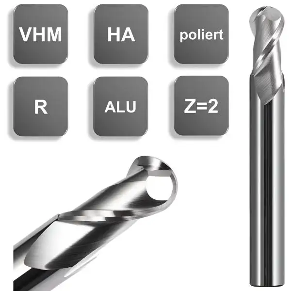 6R3 x 13 x 50 - d2=6 mm ✓ VHM Radius-Fräser, Z=2, Vollradiusfräser für NE-Metalle