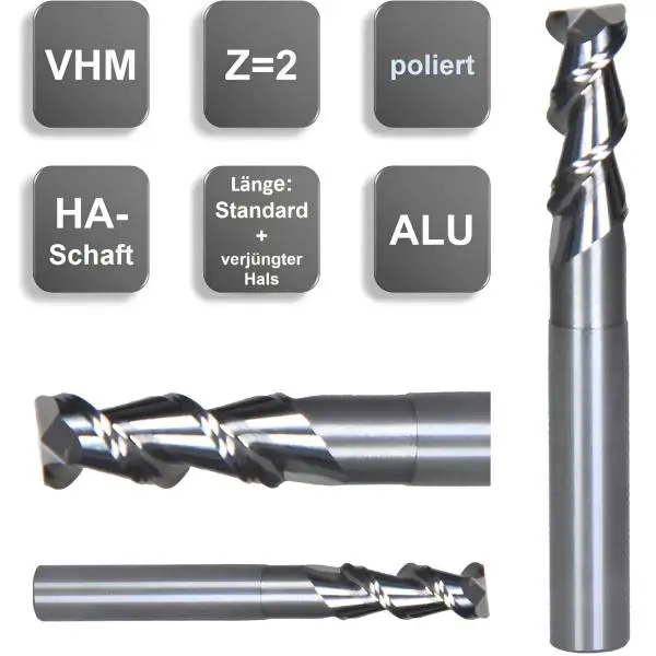 3,0 x 10 x 18 x 45 - d2=3 mm ✓ VHM Alufräser, Z=2, Fräser mit polierter Spannut, 55°, abgesetzt