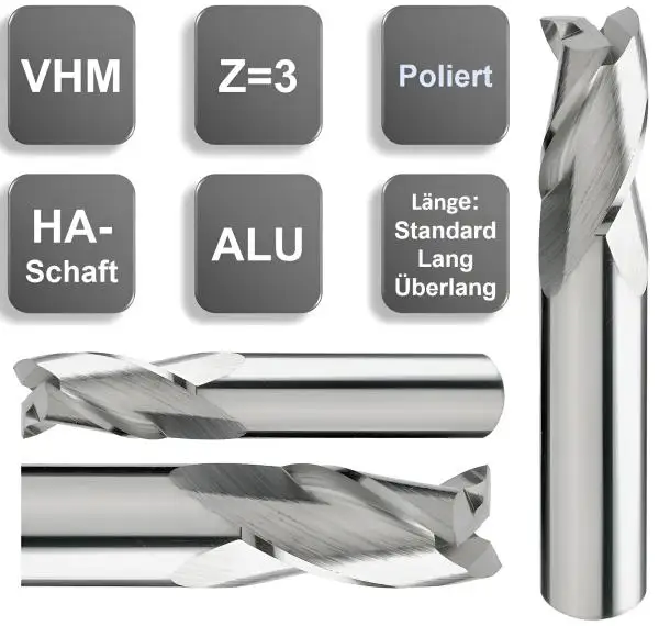 7,5 x 20 x 60 - d2=7,5 mm ✓ VHM-Schaftfräser 30°, Z=3, poliert, Universalfräser