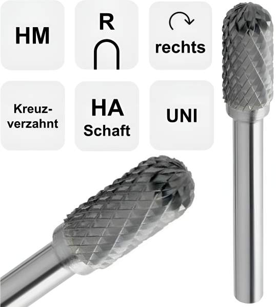 6,0 x 16 x 61 - d2=6 mm ✓ VHM-Frässtift Walzenrundform, Hartmetall Rotierfräser (Rotary) Kreuzverzahnt bis 45 HRC