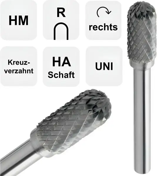 6,0 x 16 x 61 - d2=6 mm ✓ VHM-Frässtift Walzenrundform, Hartmetall Rotierfräser (Rotary) Kreuzverzahnt bis 45 HRC