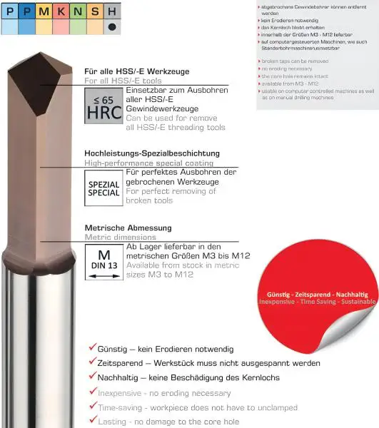 Set M3 / M4 / M5 / M6 / M8 / M10 / M12 ✓ VHM-Gewindebohrer-Ausbohrer-Satz, Beschichtet, zum Ausbohren von gebrochen Gewindebohrern