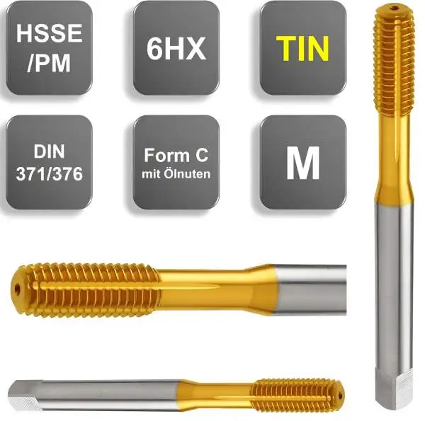 M6 ✓ HSSE/PM-Gewindeformer/Gewindefurcher, DIN 371, TIN, 6HX, Form C, mit Ölnuten, bis 3xd