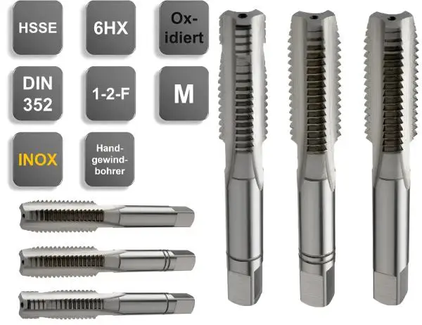 M5 ✓ HSSE Handgewindebohrer Satz 3-teilig (1-2-F) 6HX, gerade genutet, DIN 352, für Inox