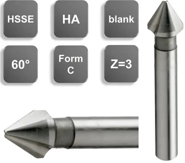 12,4 x 60, d2=8 mm ✓ HSSE-Kegelsenker 60°, Entgratsenker Form C, Senker, Senkbohrer Z=3